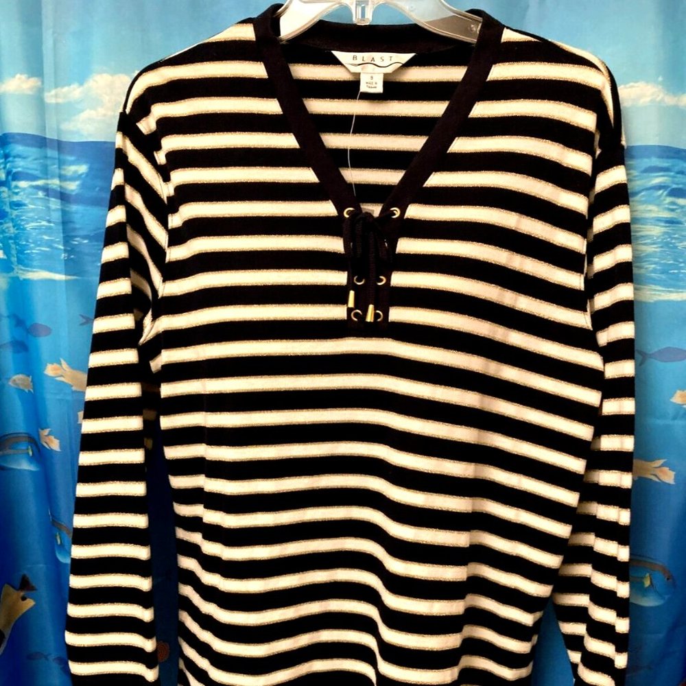 VTG NWT BLAST Y2K Long Sleeve nautical striped Knit Pullover Navy White & Gold S